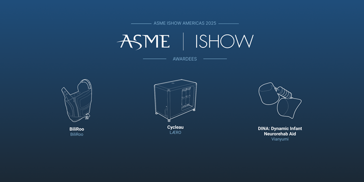Diagrams of the ASME 2025 ASME Awardees: "Biliroo," "Cycleau," and "DINA: Dynamic Infant Neurorehab Aid"
