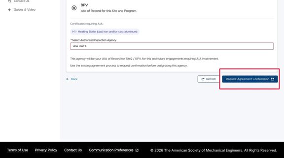 Requesting Authorized Inspection Agency Agreement Confirmation - ASME