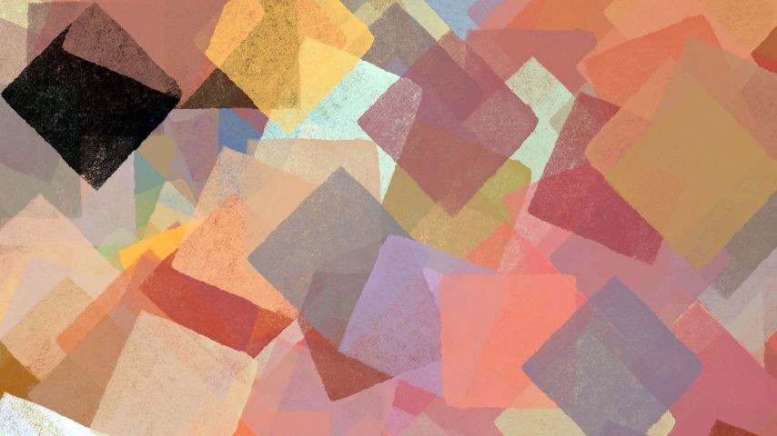 A textured abstract background of overlapping, semi-transparent squares and rectangles in a warm color palette of pinks, oranges, yellows, and purples, with a few darker squares scattered throughout.