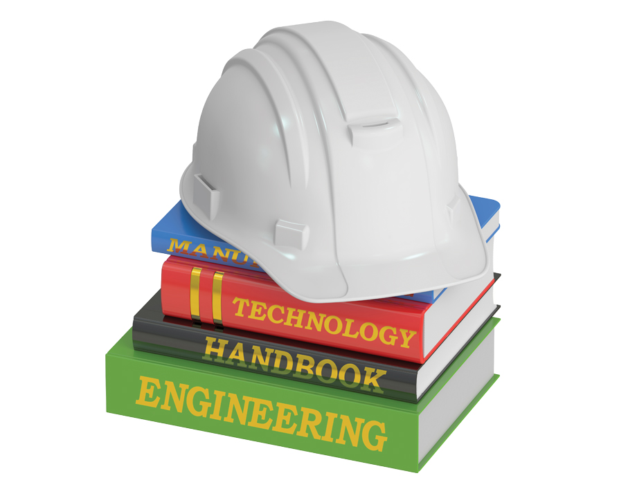 Hard hat on a stack of engineering books.