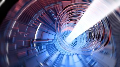 A bright white beam of light shoots through a cylindrical, futuristic tunnel with metallic blue and red concentric rings and structural details.
