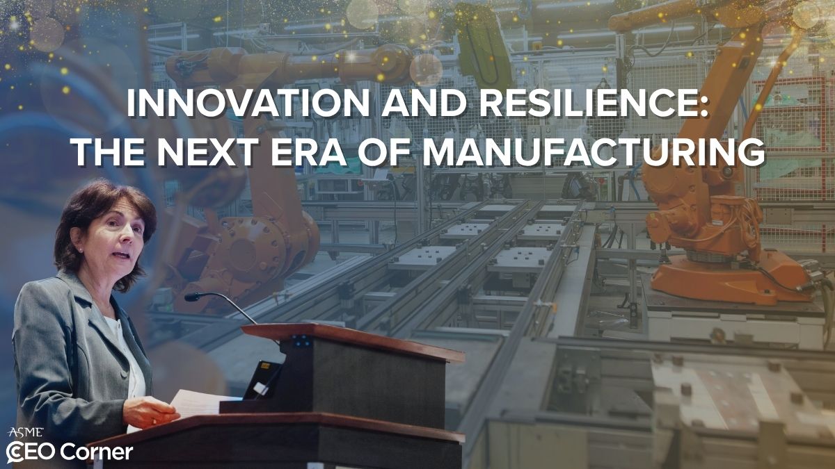 Woman speaking at a podium in front of a factory floor with robotic arms and conveyor belts, text overlay reads "INNOVATION AND RESILIENCE: THE NEXT ERA OF MANUFACTURING".