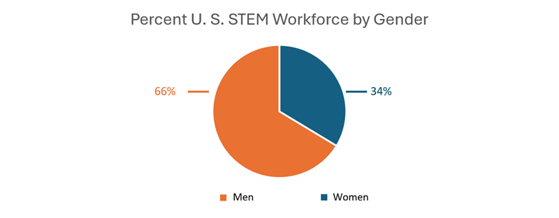 Pir Chart Showing Percentage of men 64% and women 33% in the U.S. STEM workforce. 