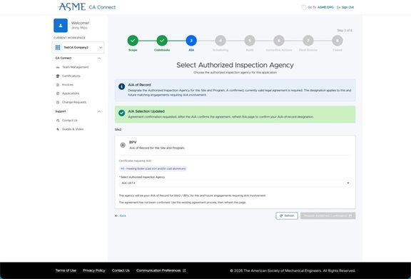 Requesting Authorized Inspection Agency Agreement Confirmation - ASME